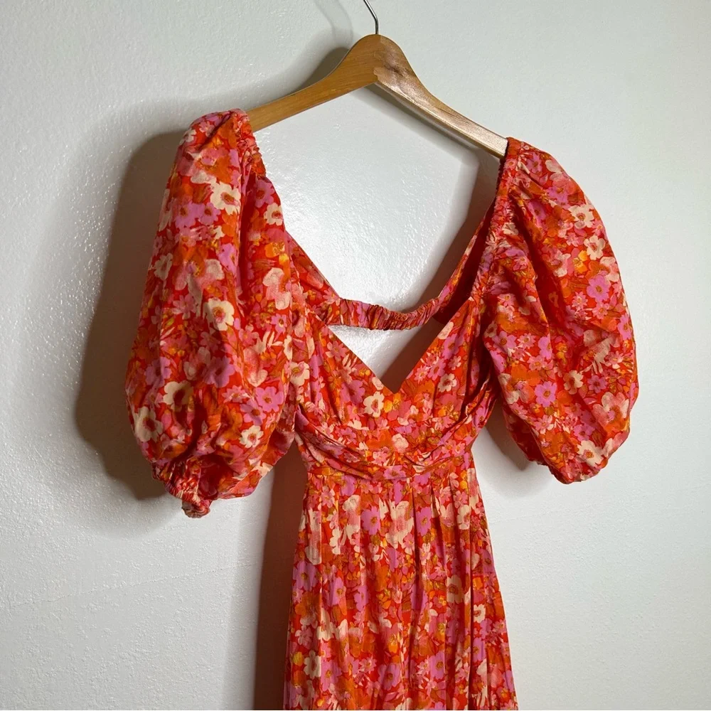 Free People 100% Cotton Bright Pink Puff Sleeve Wide Leg Jumpsuit Size Small
